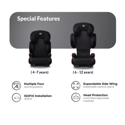 Koopers toddler car seats for ages 4-7 and 6-12 years, highlighting special features such as ISOFIX installation, expandable side wings, and adjustable headrests.