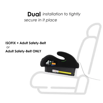 Koopers Boost Fix toddler car booster seat demonstrating dual installation with ISOFIX and safety belt options for a secure fit.