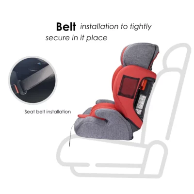 Koopers Levi Baby Car Seat side view showing secure belt installation and breathable fabric design for improved comfort and safety.