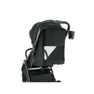 Rear view of the Koopers Kozi SE Stroller showcasing its ventilation panel and cup holder, designed for convenience and comfort during family travel.