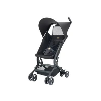 Koopers Kabina Pro Stroller in black with an extended canopy and lightweight design, ideal for compact travel solutions.