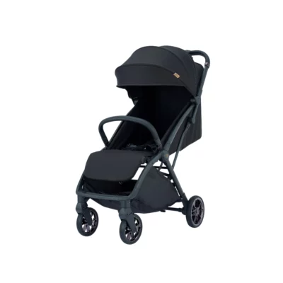 Side view of the Koopers Kozi SE Stroller with a sleek black design, lightweight frame, and extended UPF50+ canopy for protection during outdoor adventures.