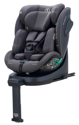 Grey version of the Koopers Armour 360 car seat, highlighting premium materials and safety features.