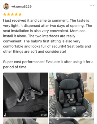 Positive customer review of the Koopers Armour 360 baby car seat on an online shopping platform.