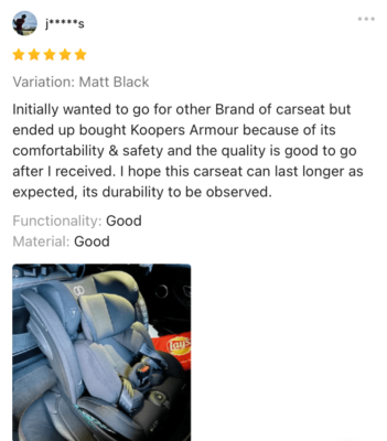 Detailed customer review for the Koopers Armour 360 baby car seat in matt black variation.