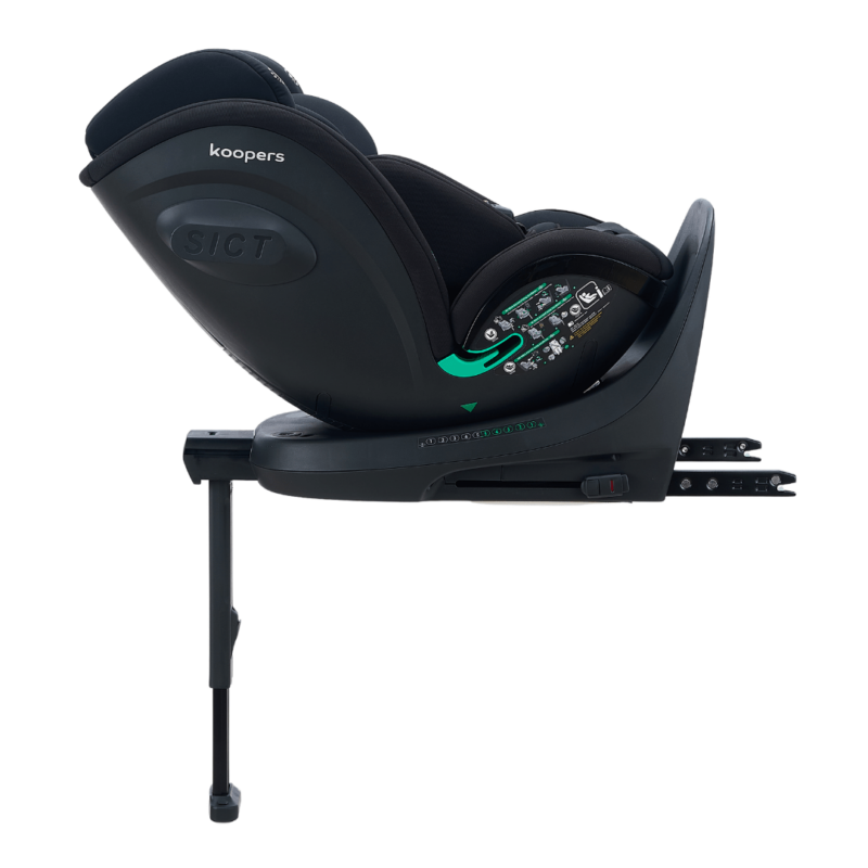 Koopers Armour 360 car seat in a fully reclined rear-facing position, suitable for newborns in Malaysia.