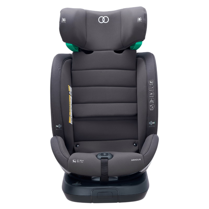 Front view of the Koopers Armour 360 baby car seat with adjustable headrest and memory foam padding.