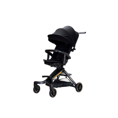 Black Koopers Magic Rider 360 stroller with a sleek, modern design and 360-degree rotating seat for versatile parenting needs.