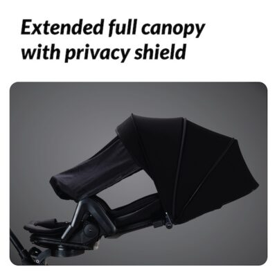 Extended full canopy with privacy shield on the Koopers Magic Rider 360 stroller, designed for maximum coverage.