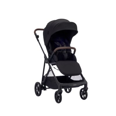 why-a-two-way-stroller-is-essential-for-your-parenting-journey-8 Black Koopers Mozi X stroller with brown handle accents, extended canopy, padded seat and four-wheel frame, shown in a front-side view on a white background.