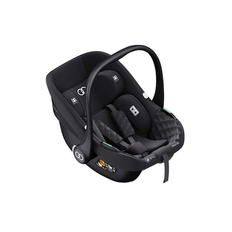 choosing-the-right-stroller-and-car-seat-for-your-newborn-3 Angled view of Koopers Ergo Lite R129-approved baby car seat with quilted cationic fabric and 3-point harness.