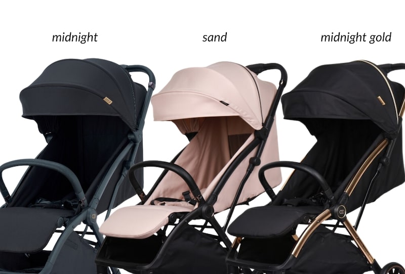 choosing-the-right-stroller-and-car-seat-for-your-newborn-7 Three colour options for Koopers Kozi stroller: midnight, sand, and midnight gold, showcasing modern design and comfort.