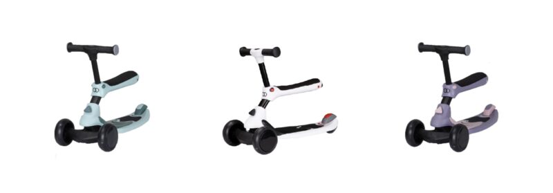How Baby Scooters Help with Toddler Development in Malaysia 3 Koopers 2 in 1 Skidzo Scooter in mint, white, and purple colours – toddler-friendly scooters with LED wheels and safety features in Malaysia