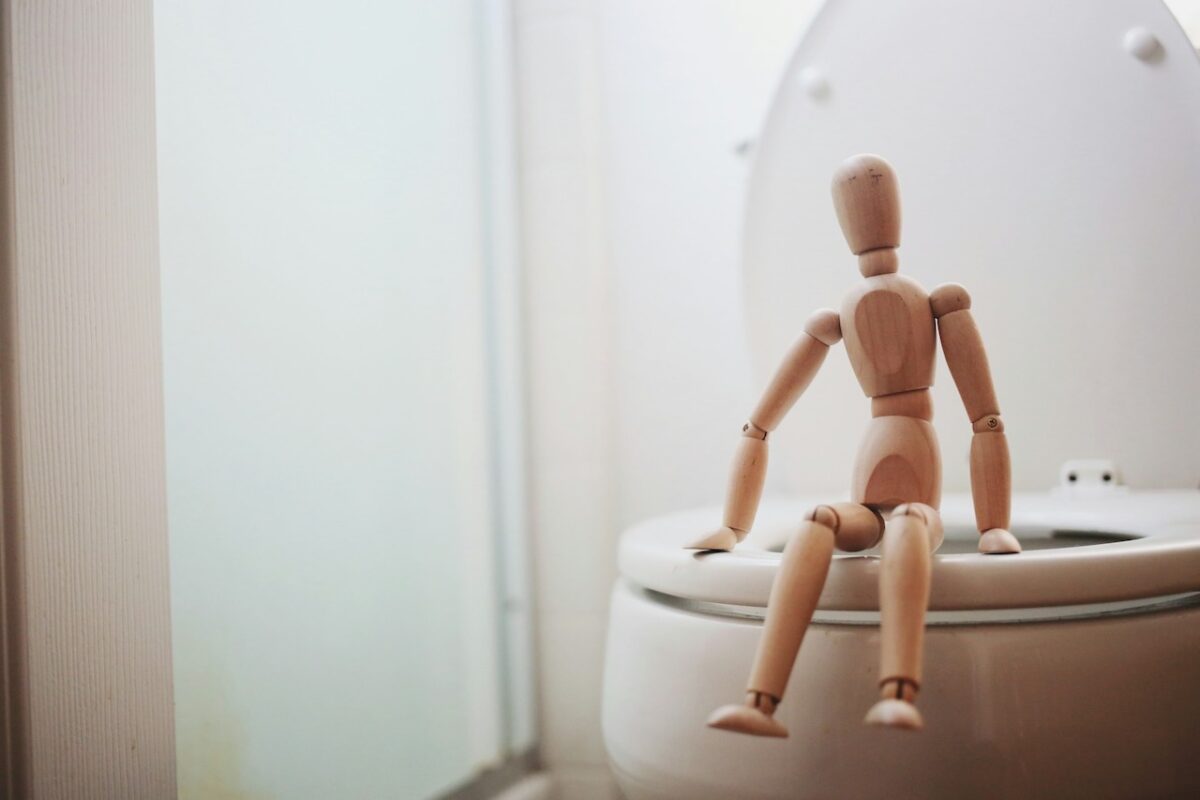Wooden mannequin sitting on a toilet seat, symbolising toddler potty training readiness