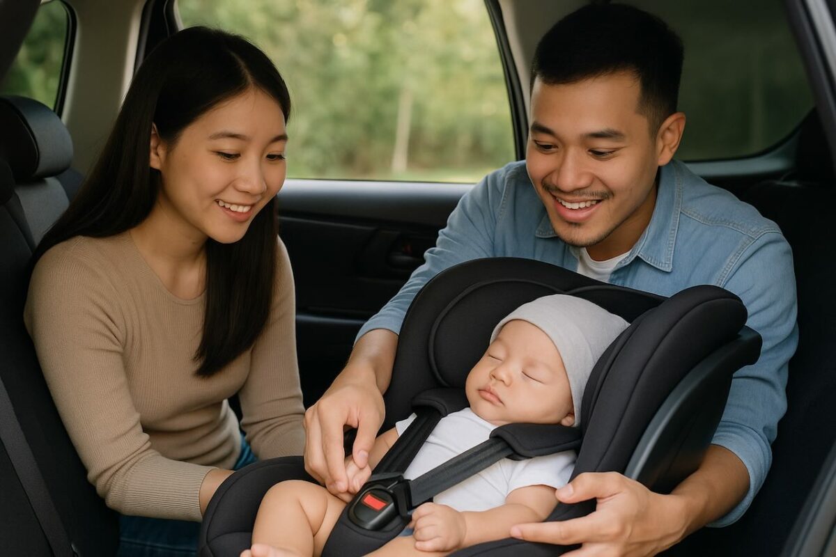 Smiling Malaysian parents securing a sleeping baby in a car seat, demonstrating proper child safety installation