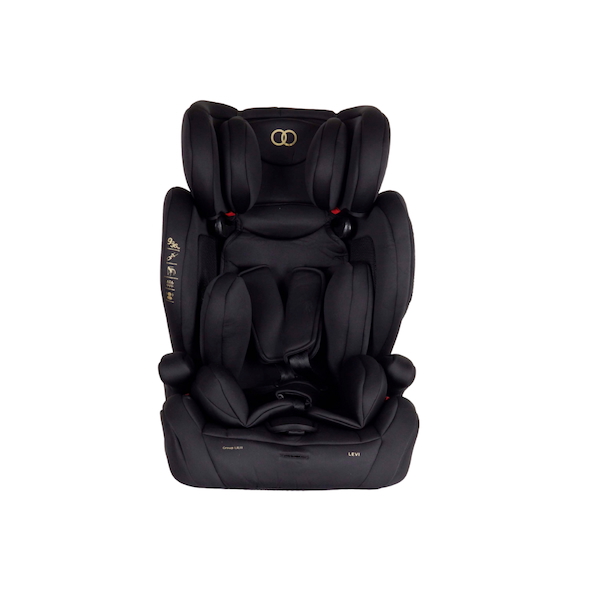 3 - white bg - 1 - Koopers Levi Racing Black Koopers Levi harnessed booster seat for kids aged 4 to 7, with 5-point safety harness