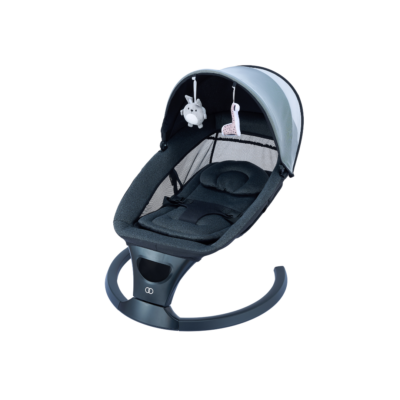why-an-electric-baby-swing-can-help-with-colic-and-sleep-training-2 Koopers Lena+ Electric Baby Swing in dark grey, featuring reclining seat, toy bar, and canopy, designed to soothe colicky babies and support sleep training.