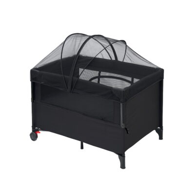 5 Travel-Friendly Baby Products You’ll Be Glad You Packed 6 Koopers Niro Travel Cot in black with mesh canopy and wheels, foldable baby cot Malaysia for travel
