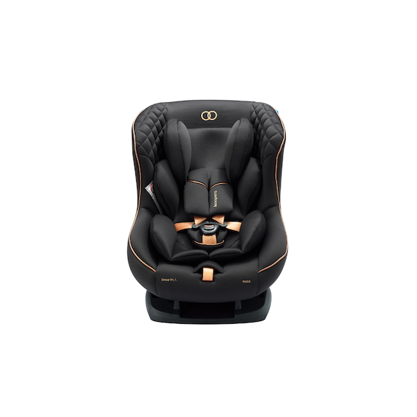 Koopers Pago luxurious black baby car seat with quilted side padding and 5-point safety harness for secure infant travel