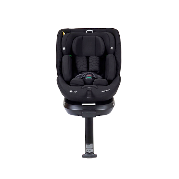 Koopers Armour Lite black baby car seat with ISOFIX base and support leg, designed for enhanced stability and safety