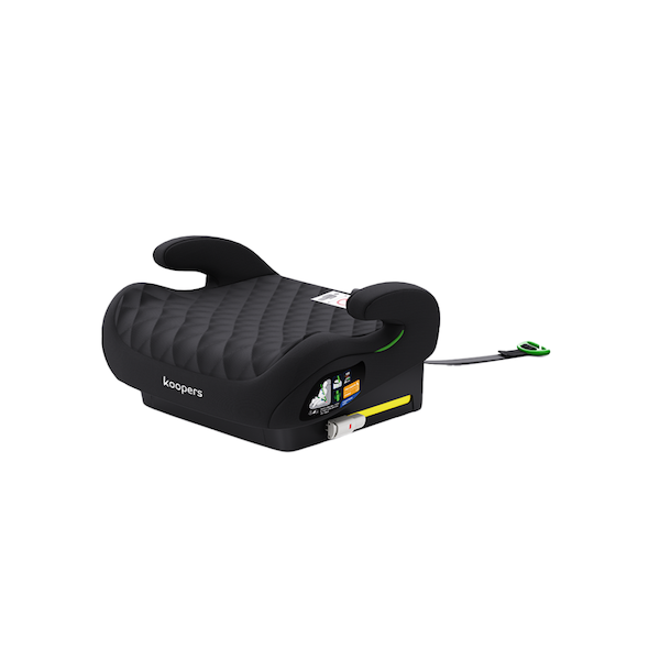 Koopers Boost Fix black booster seat with quilted cushion and ISOFIX connectors for secure child seating in vehicles