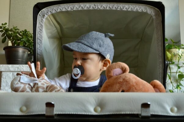 essential-travel-gear-for-parents-flying-with-a-baby-6 Baby wearing a grey cap and pacifier, seated in a cushioned stroller, playing with plush toys in a home setting with plants in the background.