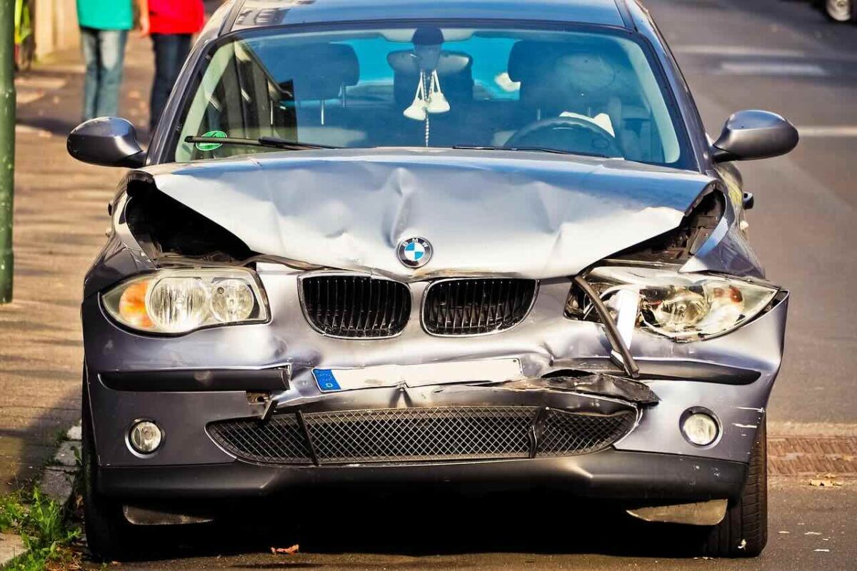 BMW car crash showing impact damage — why baby-proofing your car matters