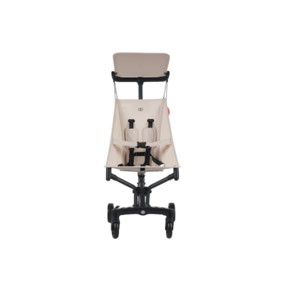 how-to-fold-store-maintain-koopers-stroller-1 Koopers Aero stroller in beige shown fully open with sun canopy, ideal for travel and compact folding.
