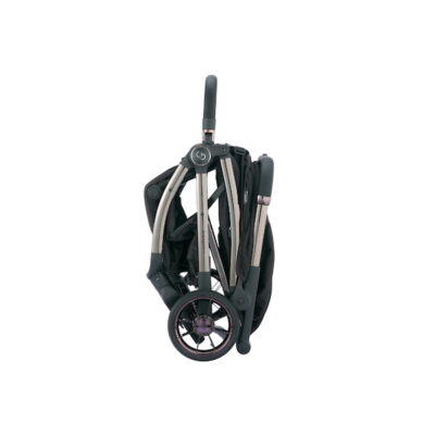 How to Fold, Store, and Maintain Your Koopers Stroller for Longevity 5 Side view of folded Koopers Kozi SE stroller with sturdy wheels and handle for convenient carry.