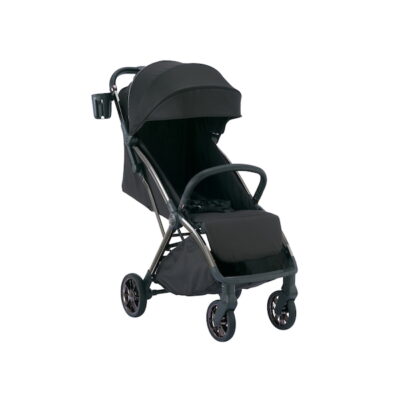How to Travel Light as a Malaysian Parent Without Sacrificing Baby Comfort 3 Koopers lightweight cabin-size stroller in black with cup holder, designed for travel convenience and smooth mobility.