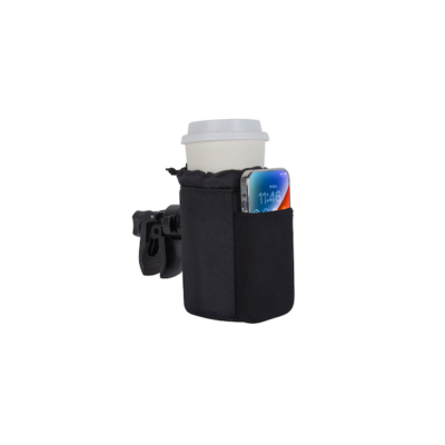 how-to-travel-light-as-a-malaysian-parent-without-sacrificing-baby-comfort-5 Koopers insulated cup and phone holder attachment in black, designed for stroller use to keep beverages and phones within easy reach.