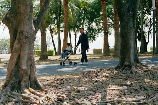 how-to-use-baby-stroller-in-theme-parks-malls-public-transit-without-hassle-7 Parent pushing a lightweight stroller with child through a tree-lined park, showcasing outdoor-friendly baby strollers for Malaysian families