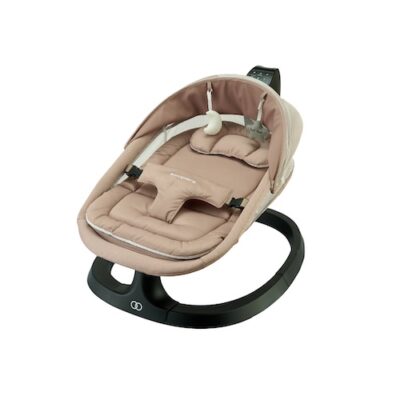 when-how-to-retire-baby-strollers-swings-carriers-6 Koopers Nyla baby swing in beige with padded seat, canopy, hanging toys, safety harness and black curved base, shown on a white background.