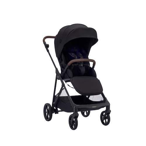 new-parents-tips-for-new-mums-dads-2 Black Koopers Mozi X stroller with brown handle accents, padded seat, extended canopy and four-wheel design, shown in a front-side view on a white background.