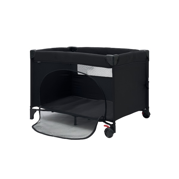balik-kampung-with-baby-tips-for–parents-15-koopers-niro-travel-cot Koopers Niro baby travel cot open black with mesh panels for Hari Raya balik kampung, converts to co-sleeper playpen Malaysia humid weather safe.