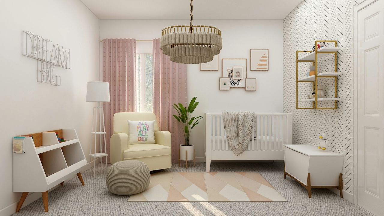 Modern baby nursery with baby cot, feeding chair, storage shelves, and soft lighting designed for calm and everyday care.